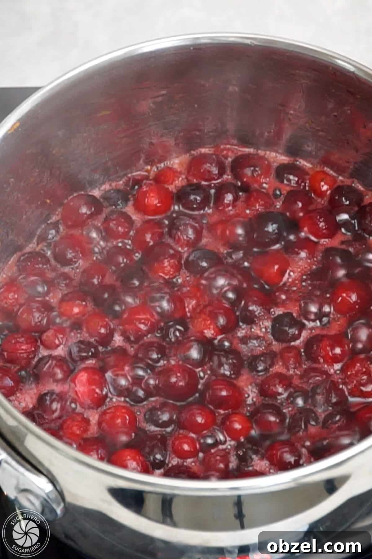 Cranberry Orange Sauce Recipe 11 A pot filled with bubbling cranberry sauce.