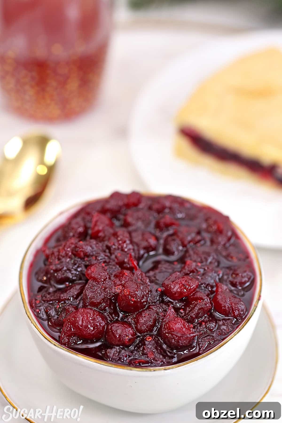 Cranberry Orange Sauce Recipe 14 Overhead shot of homemade cranberry sauce in a small white bowl with cranberry cake in the background.