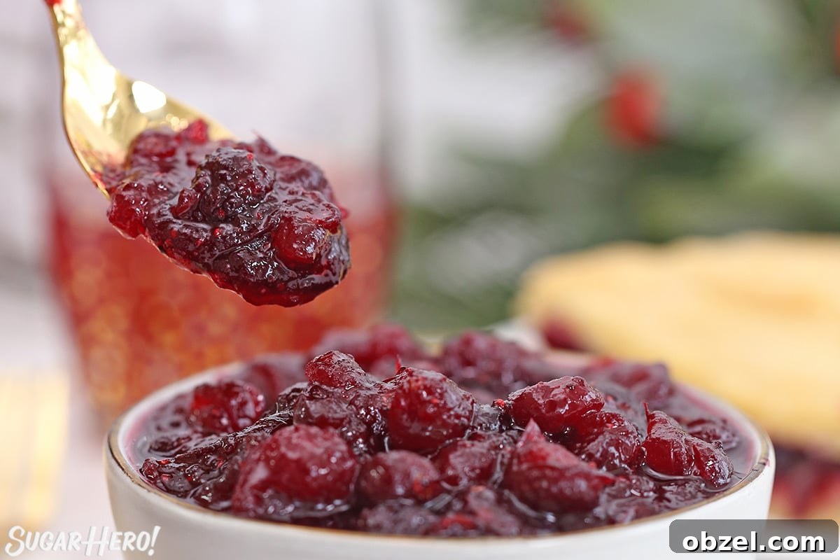 Cranberry Orange Sauce Recipe 16 Close up of cranberry sauce in a white bowl with a gold spoonful of sauce hovering over bowl.