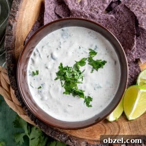 Creamy Green Chile Cilantro Dip 8 overhead of green chile dip with cilantro in a brown bowl on a platter with blue corn tortilla chips and lime wedges