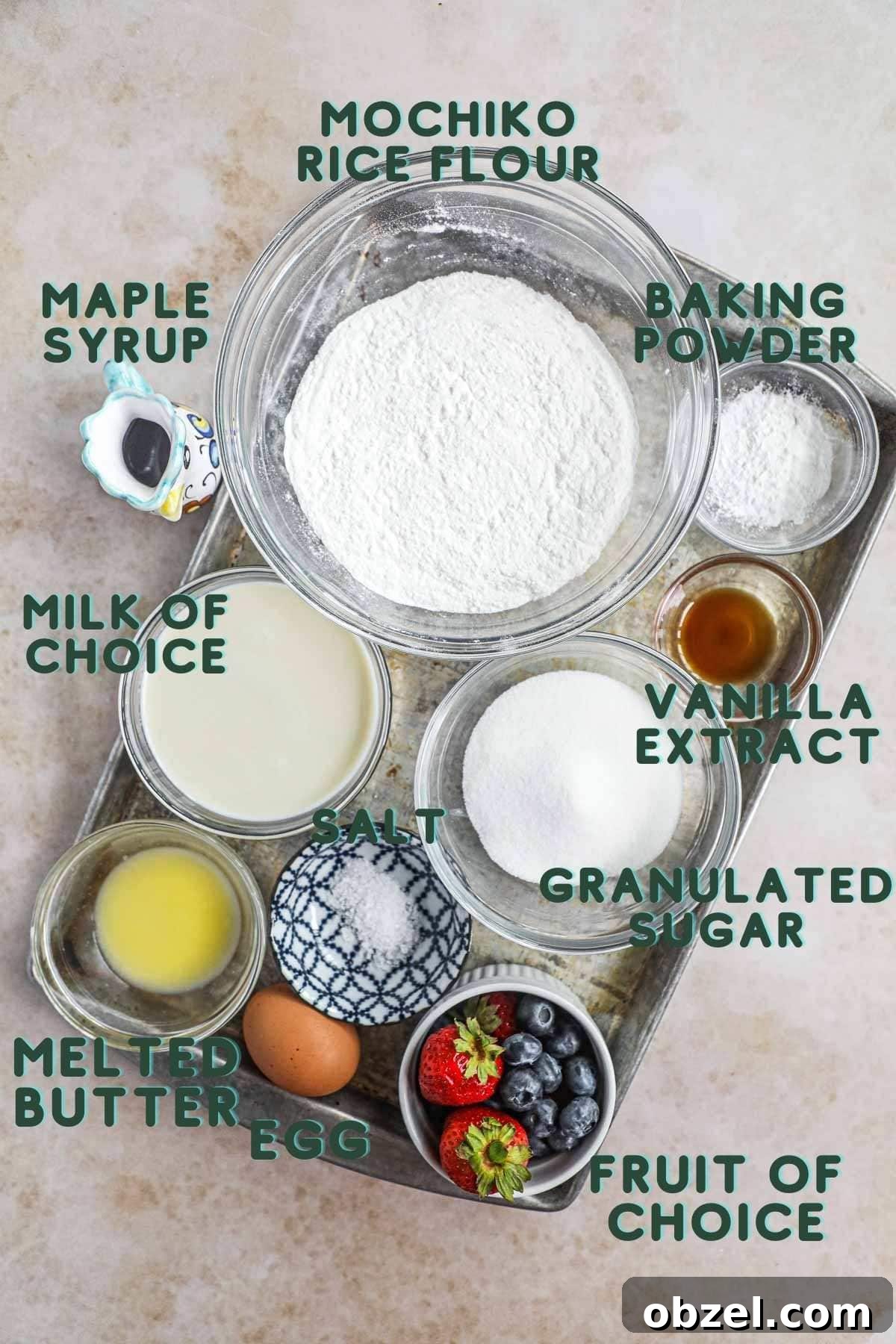 Gluten Free Mochi Waffles with Crispy Chewy Texture 3 Ingredients to make easy, simple gluten-free mochi waffles, including mochiko rice four, milk, baking powder, vanilla extract, salt, granulated sugar, melted butter, egg, syrup, and fruit.