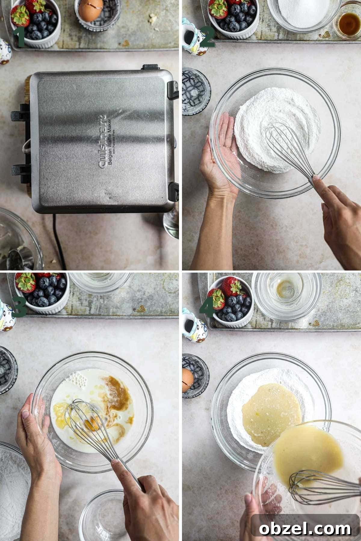 Gluten Free Mochi Waffles with Crispy Chewy Texture 4 Steps to make mochi waffles, including preheating the waffle iron, mixing the dry ingredients, mixing the wet ingredients, and combining the two.
