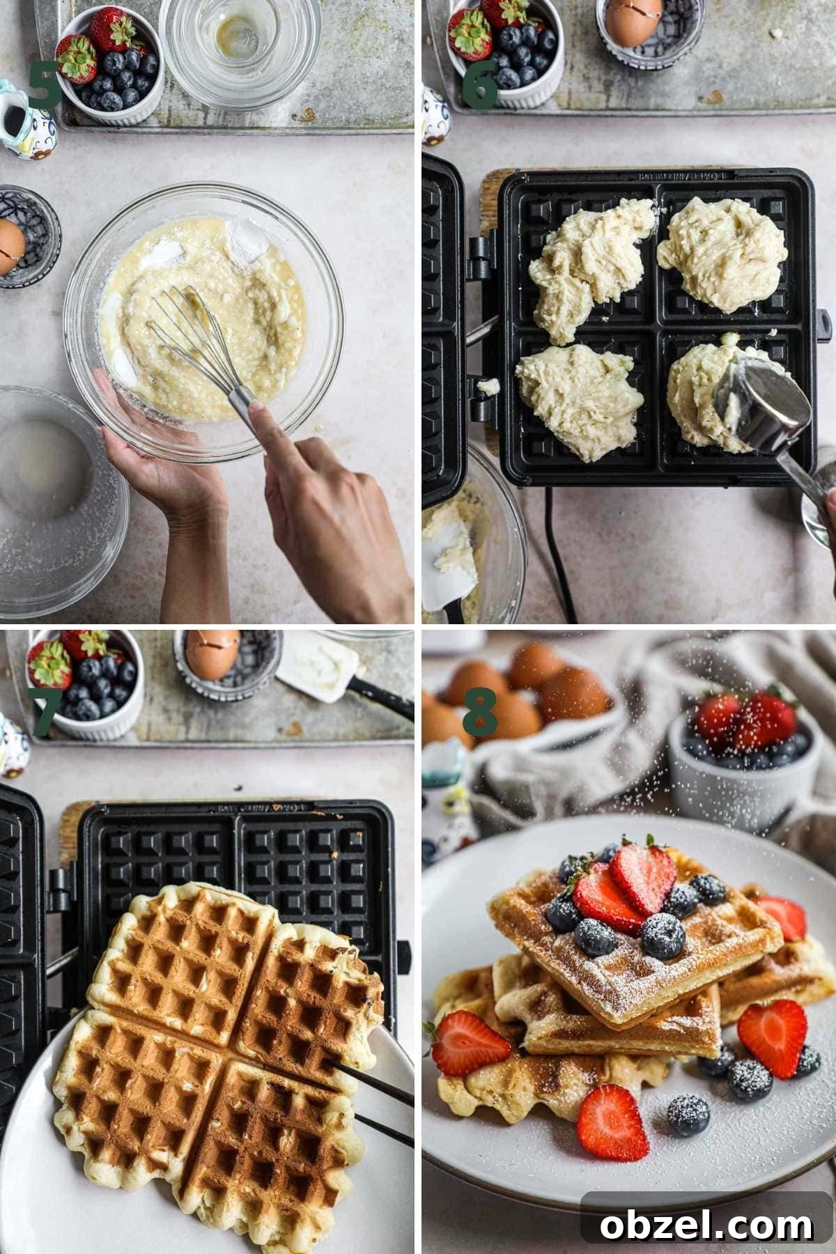 Gluten Free Mochi Waffles with Crispy Chewy Texture 5 Steps to make gluten-free mochi waffles, including mixing the ingredients, add the batter to the waffle iron, cooking the waffles, and serving with powdered sugar, syrup, and fruit.
