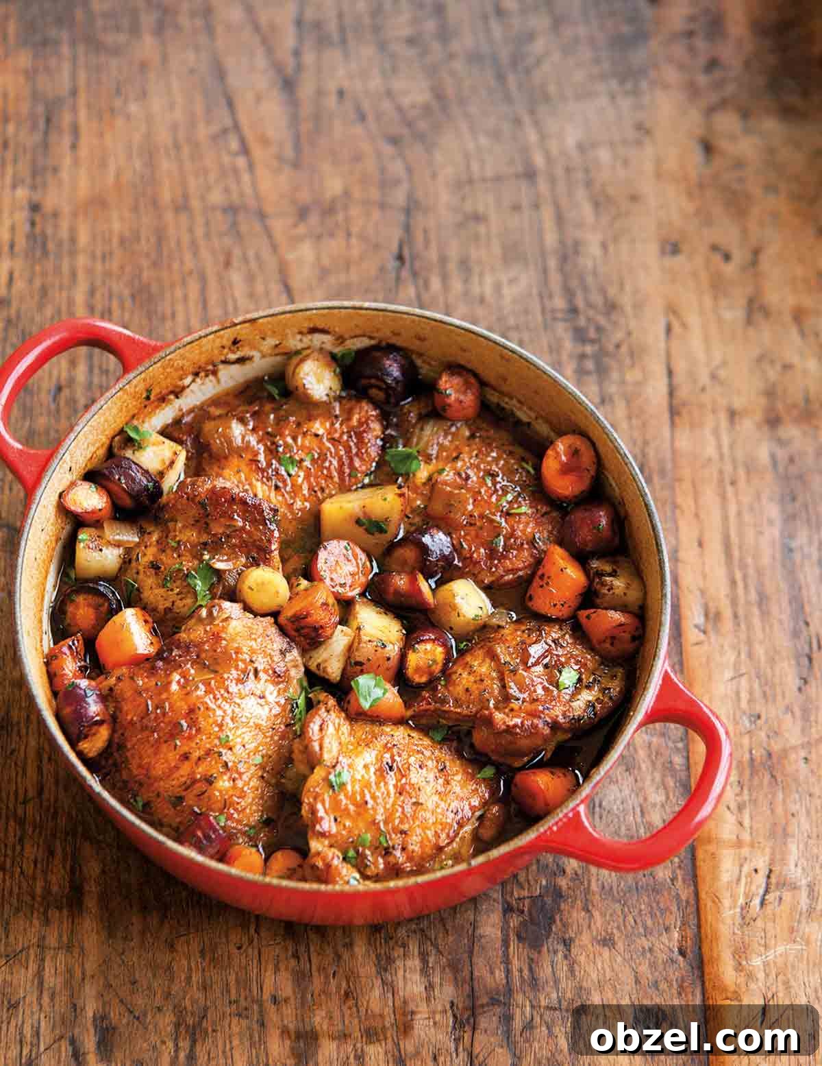 What Is Braising? Cooking Method, Tips, and Uses 4 A red Dutch oven filled with beer-braised chicken with root vegetables on a wooden surface.