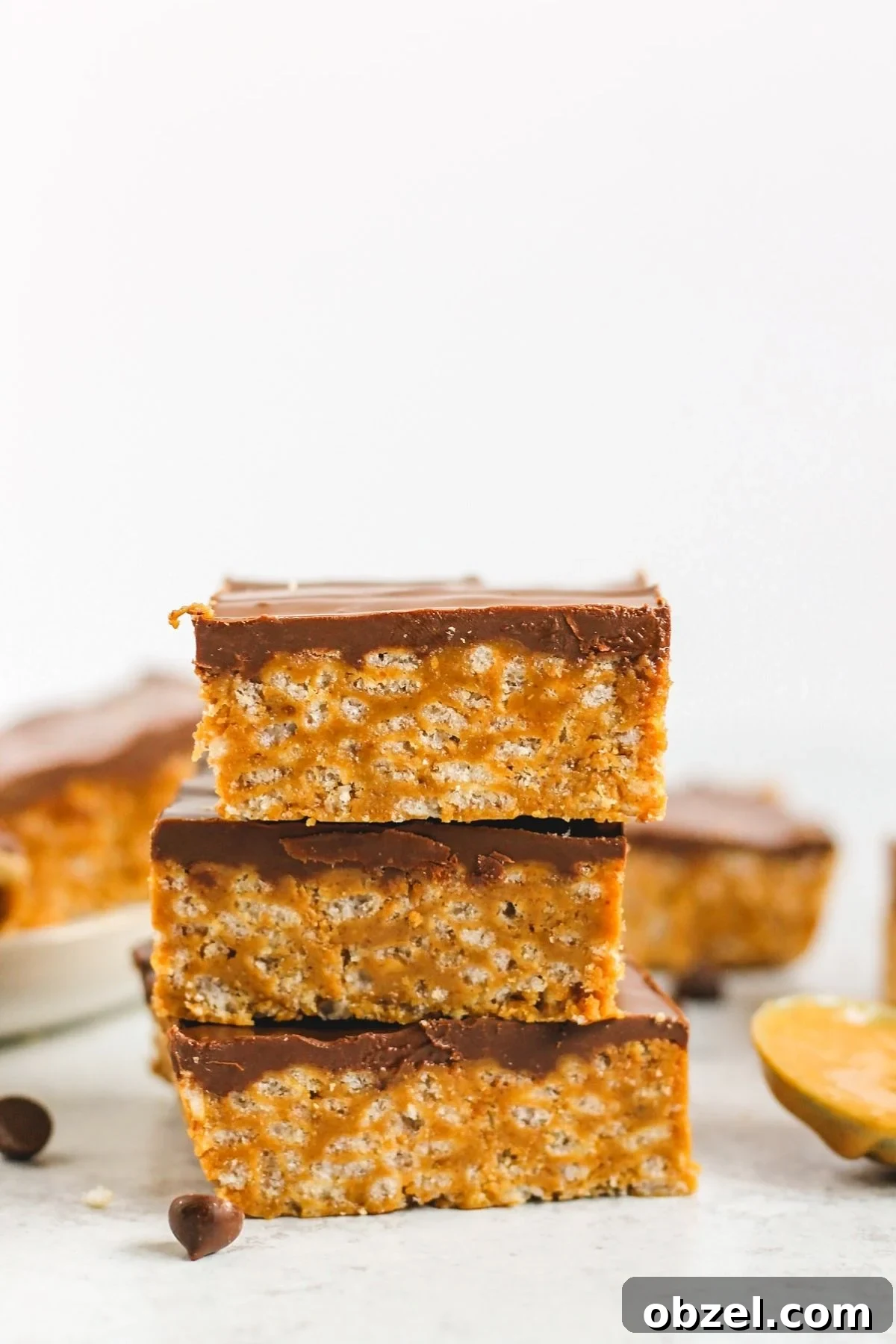 Scotcheroo bars stacked 3 high.