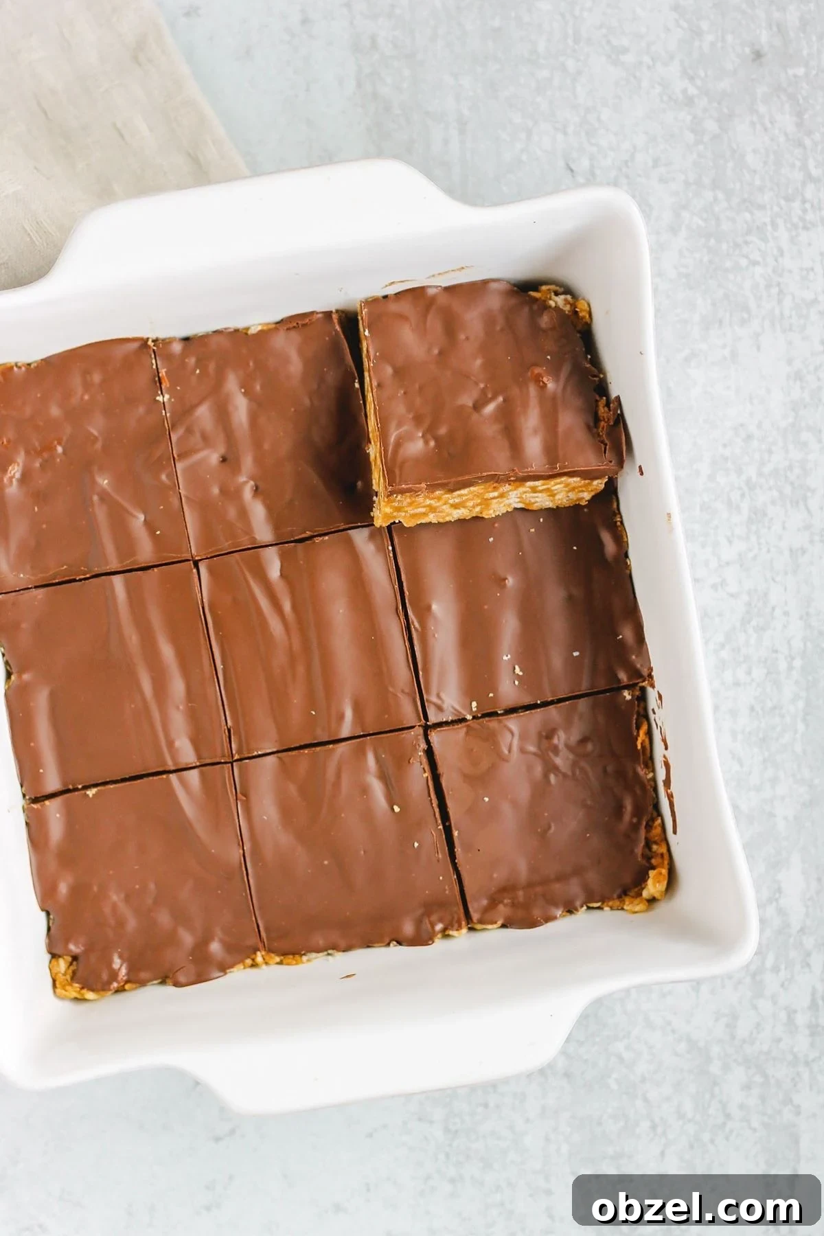 Pan of cut scotcheroo bars.