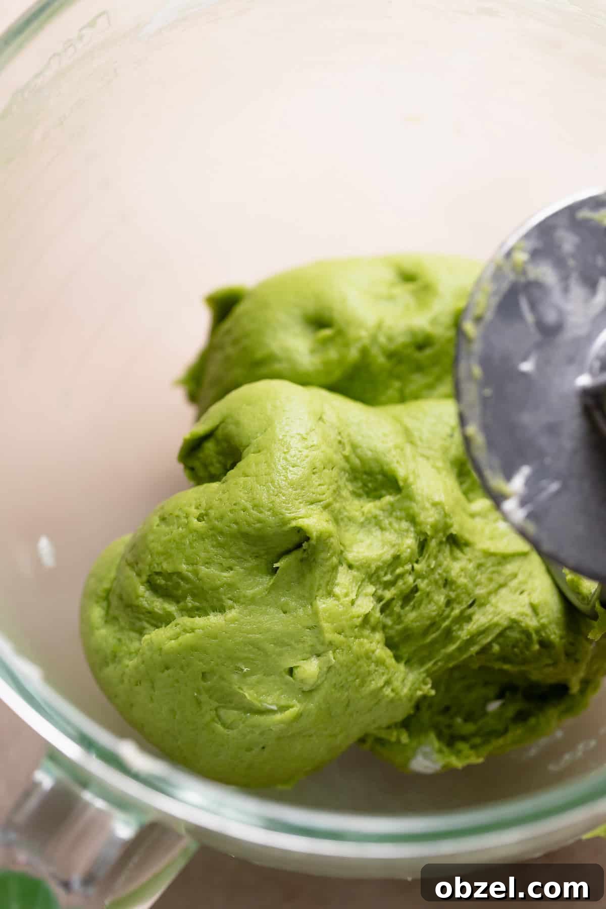 Strawberry Matcha Cinnamon Rolls Recipe 6 Soft matcha dough in a mixing bowl.
