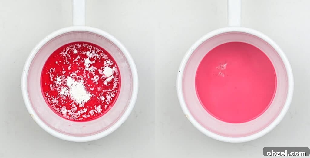 stirring cornstarch into cranberry juice in a pan