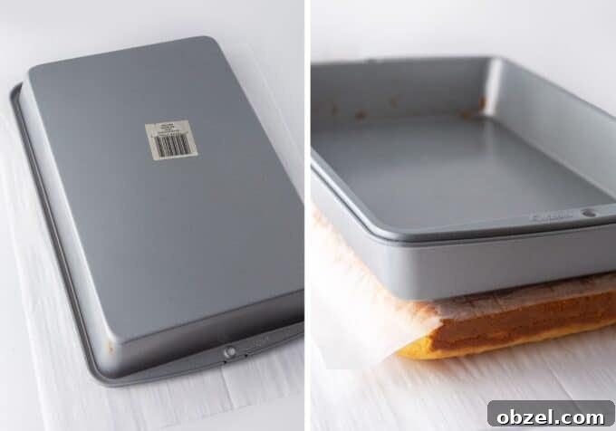 9x13-Inch Zebra Cake Recipe 6 Side by side photos showing the cake pan flipped, and then set on top of cake to flatten it