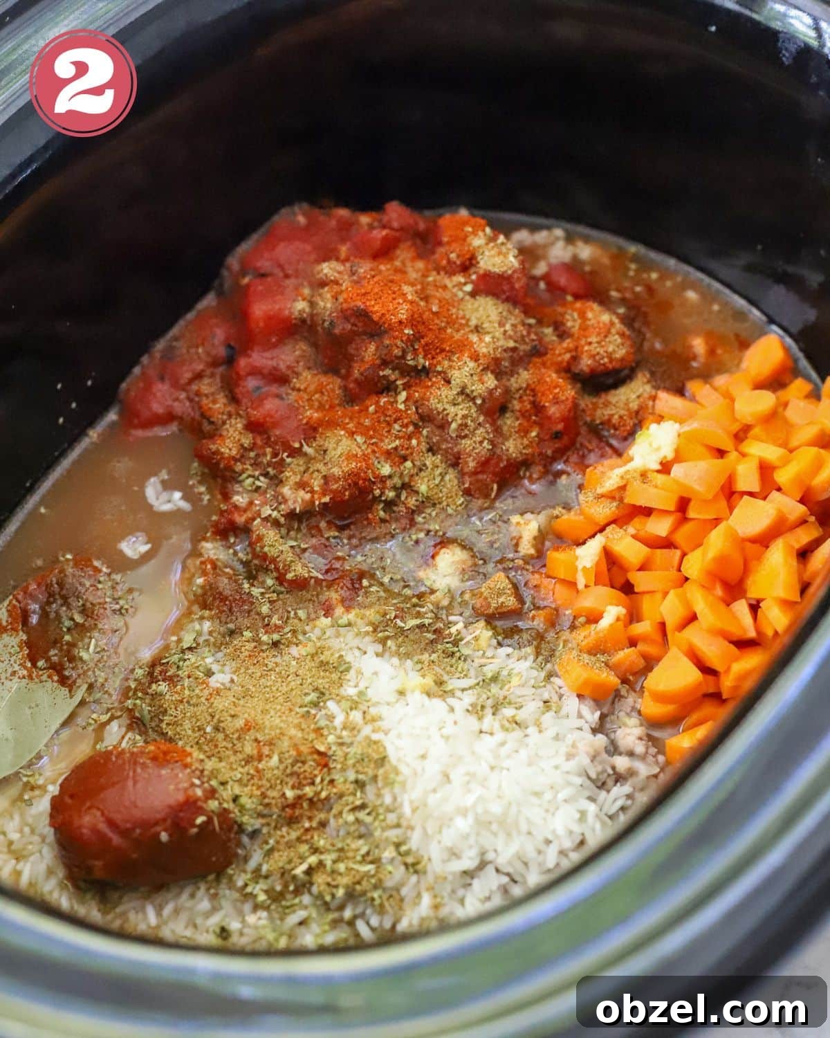 Slow Cooker Ground Pork Casserole Recipe 5 All the ingredients for slow cooker pork casserole placed in the crock pot.