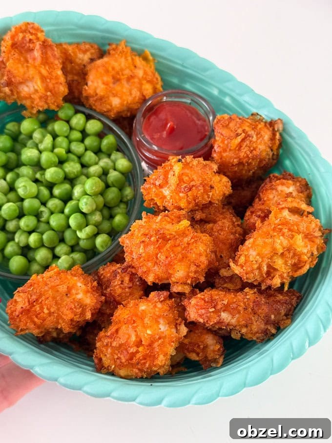 Crispy cornflake chicken nuggets served with peas and tomato ketchup.