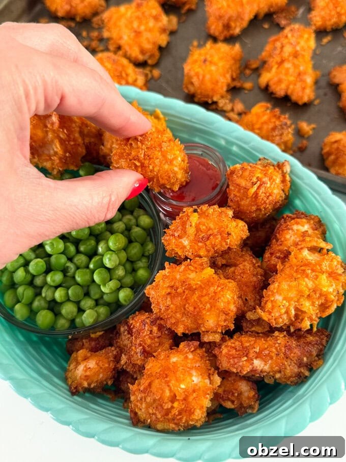 Crispy cornflake chicken nuggets served with garden peas and tomato ketchup.