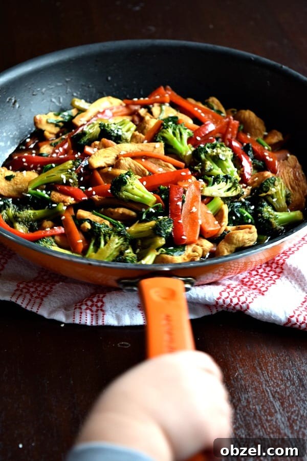 Top New Recipes on The Schmidty Wife in 2018 6 a toddler hand holding the handle of a skillet filled with 20 minute chicken stir fry