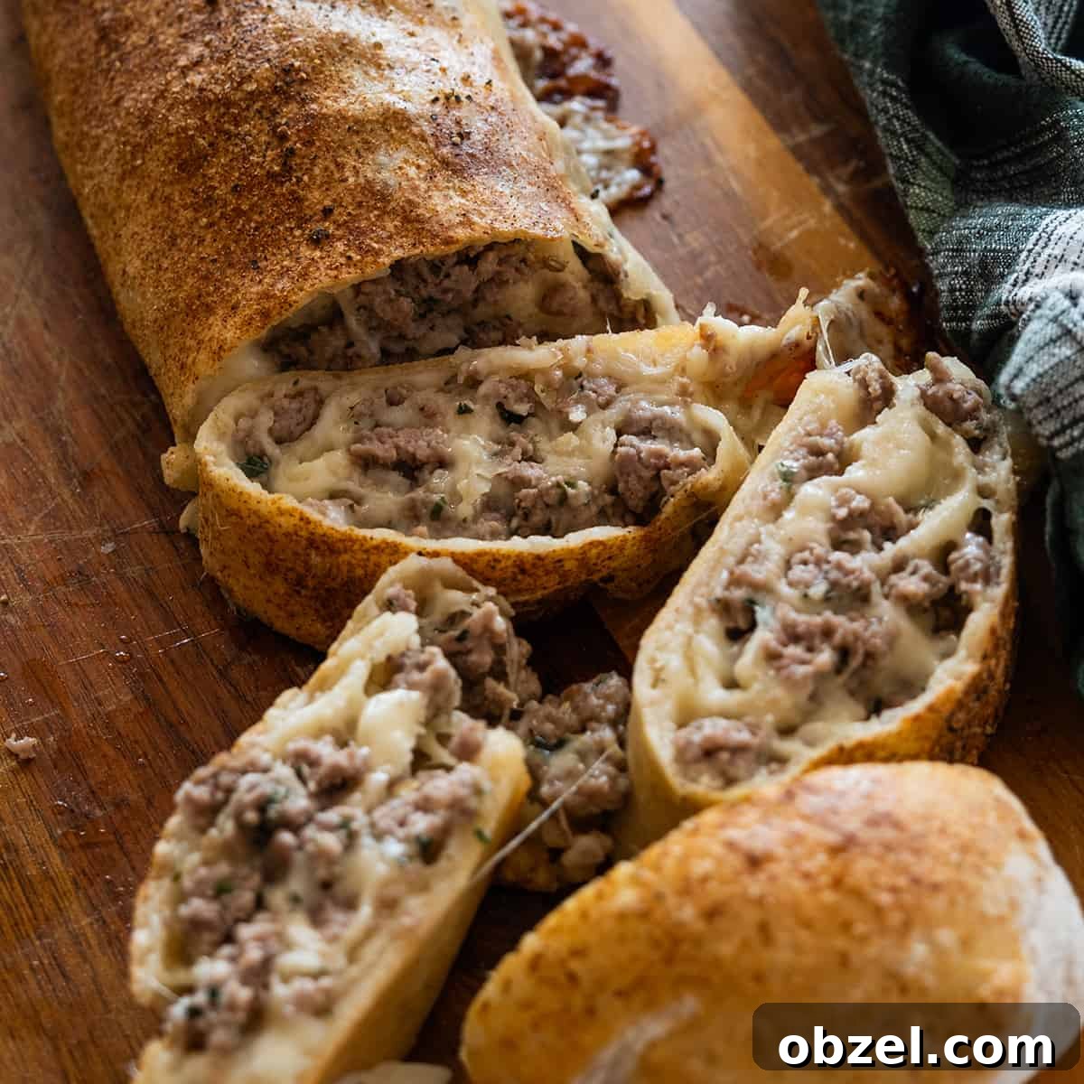 Italian Sausage Bread with Mozzarella 2 Italian sausage bread cut open.