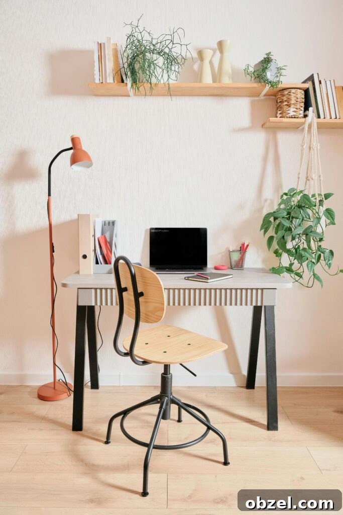 How Remote Work Is Reshaping Homebuyer Preferences 3 Stylish home workspace with a wooden chair, laptop, indoor plants, and shelves, reflecting the growing trend for aesthetically pleasing remote work areas.