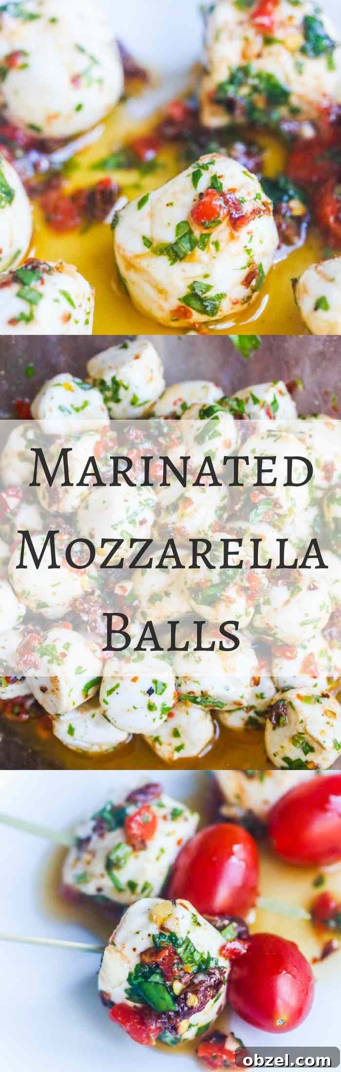 Marinated Mozzarella Balls - skewer with cherry tomatoes for a party appetizer - always a party favorite - super easy and delicious