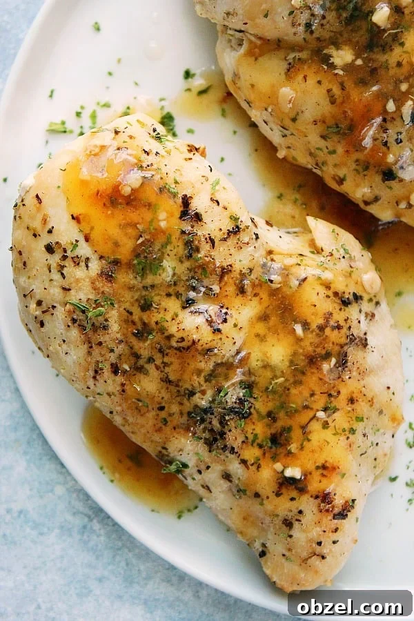 14-Day Instant Pot Meal Plan with Recipes and Grocery List 3 Overhead shot of cooked chicken breast on white plate.