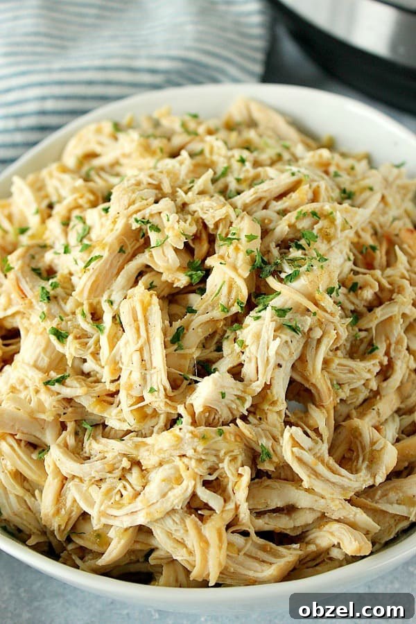 14-Day Instant Pot Meal Plan with Recipes and Grocery List 10 Instant Pot Salsa Verde Chicken shredded in a bowl.
