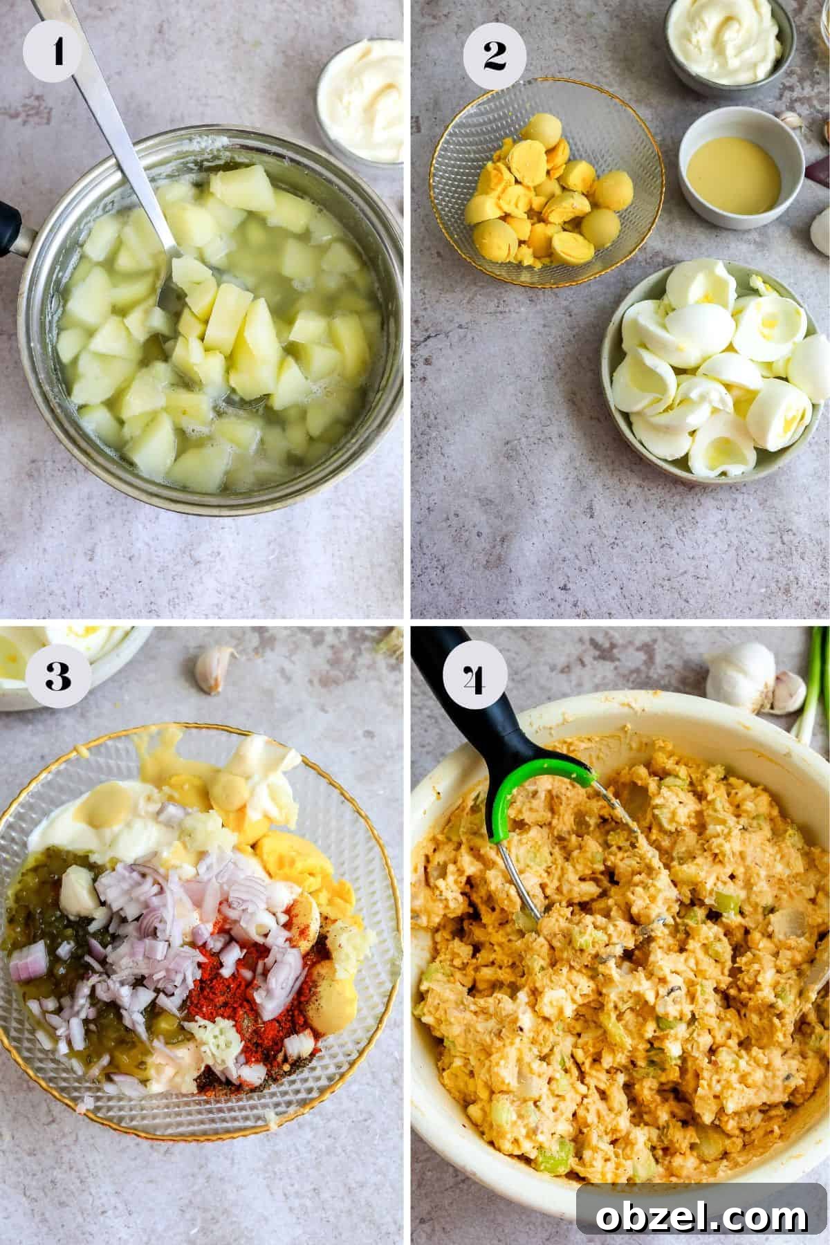 Deviled Egg Potato Salad Recipe 4 Steps to make deviled eggs and potato salad in a large serving bowl. Spoon to the side of the bowl.