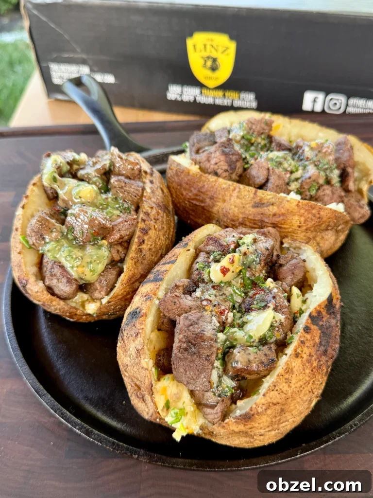 Loaded Baked Potatoes with Grilled Steak Bites 11 garnished and served loaded baked potatoes with steak bites
