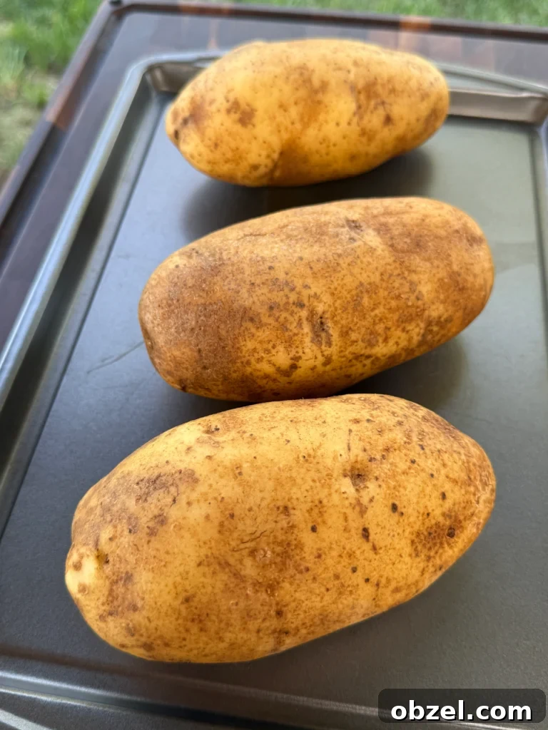 Loaded Baked Potatoes with Grilled Steak Bites 5 unseasoned potato on a pan