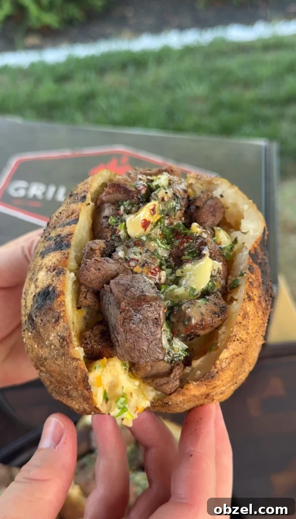 Loaded Baked Potatoes with Grilled Steak Bites 10 loaded baked potato with steak bites in a hand