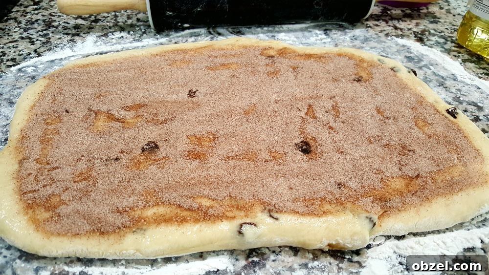 Cinnamon Raisin Swirl Bread Recipe 6 Cinnamon and sugar sprinkled over raisin bread dough.