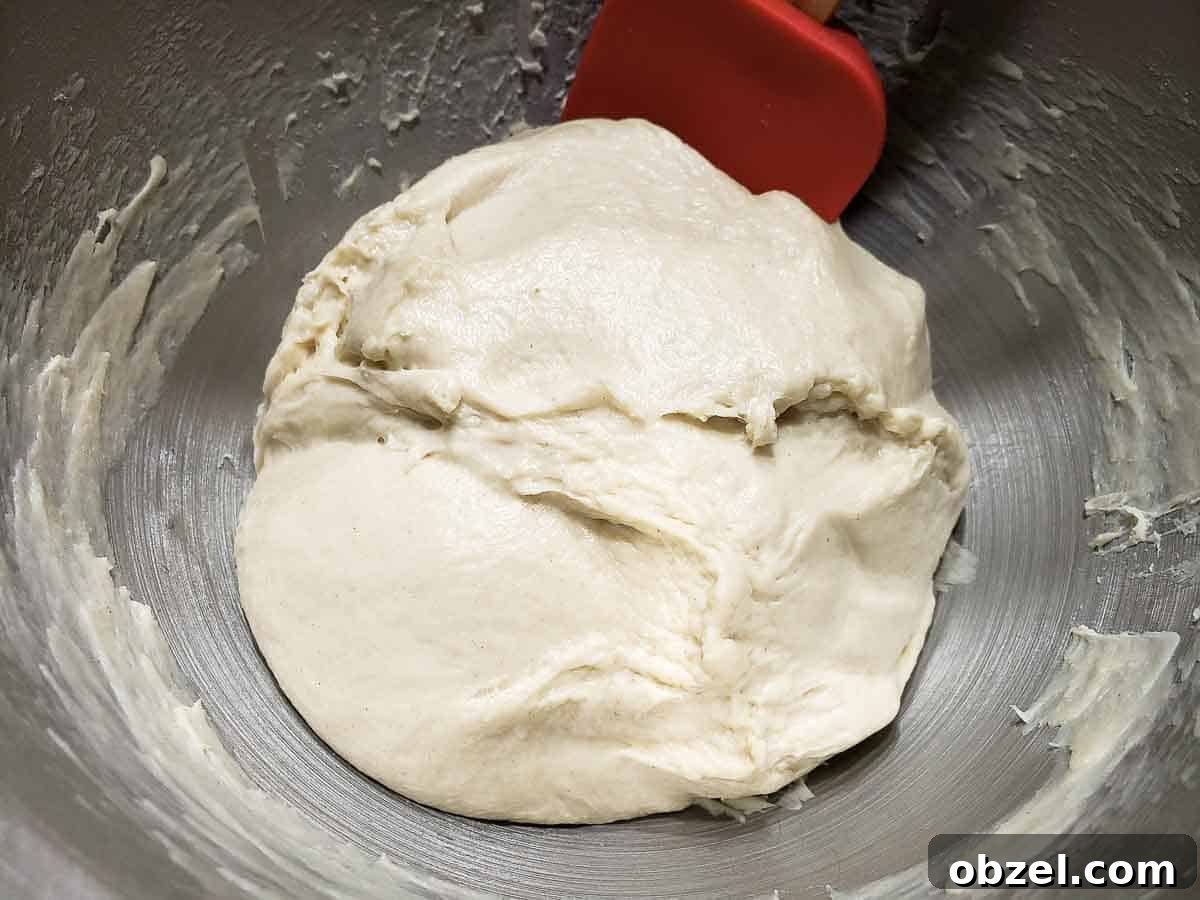 Cinnamon Raisin Swirl Bread Recipe 4 Soft dough in a silver bowl with a red spatula.
