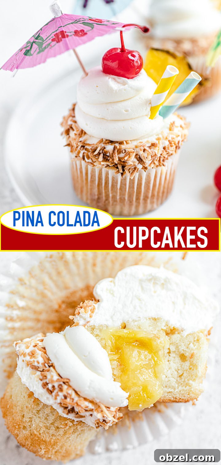 Pina Colada Cupcakes with Rum Infused Coconut Frosting 9 vertical 2 photo collage of cupcake photos with recipe title in the middle