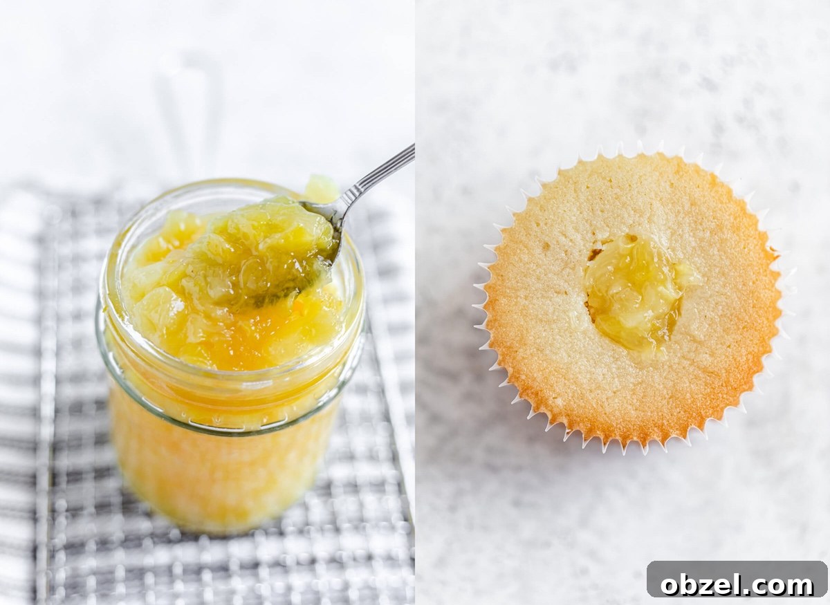 Pina Colada Cupcakes with Rum Infused Coconut Frosting 5 pineapple filling in a jar with a spoon and pineapple filling inside cupcake