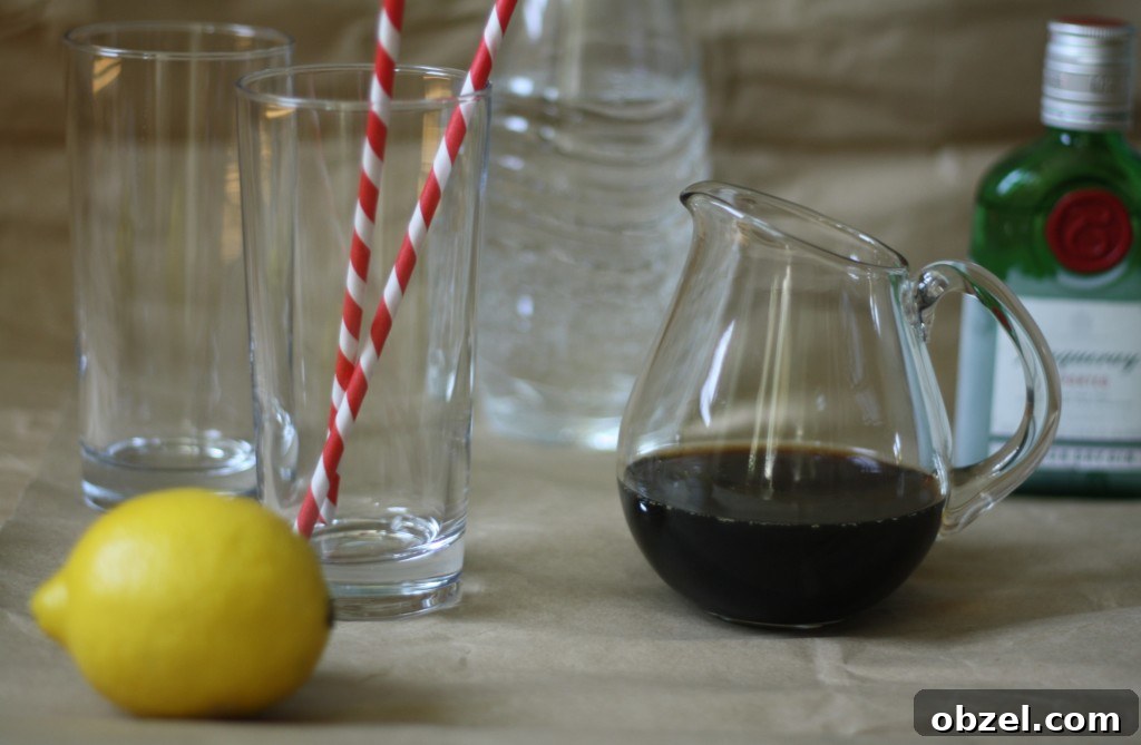 setup Ingredients for a black tea lemonade cocktail