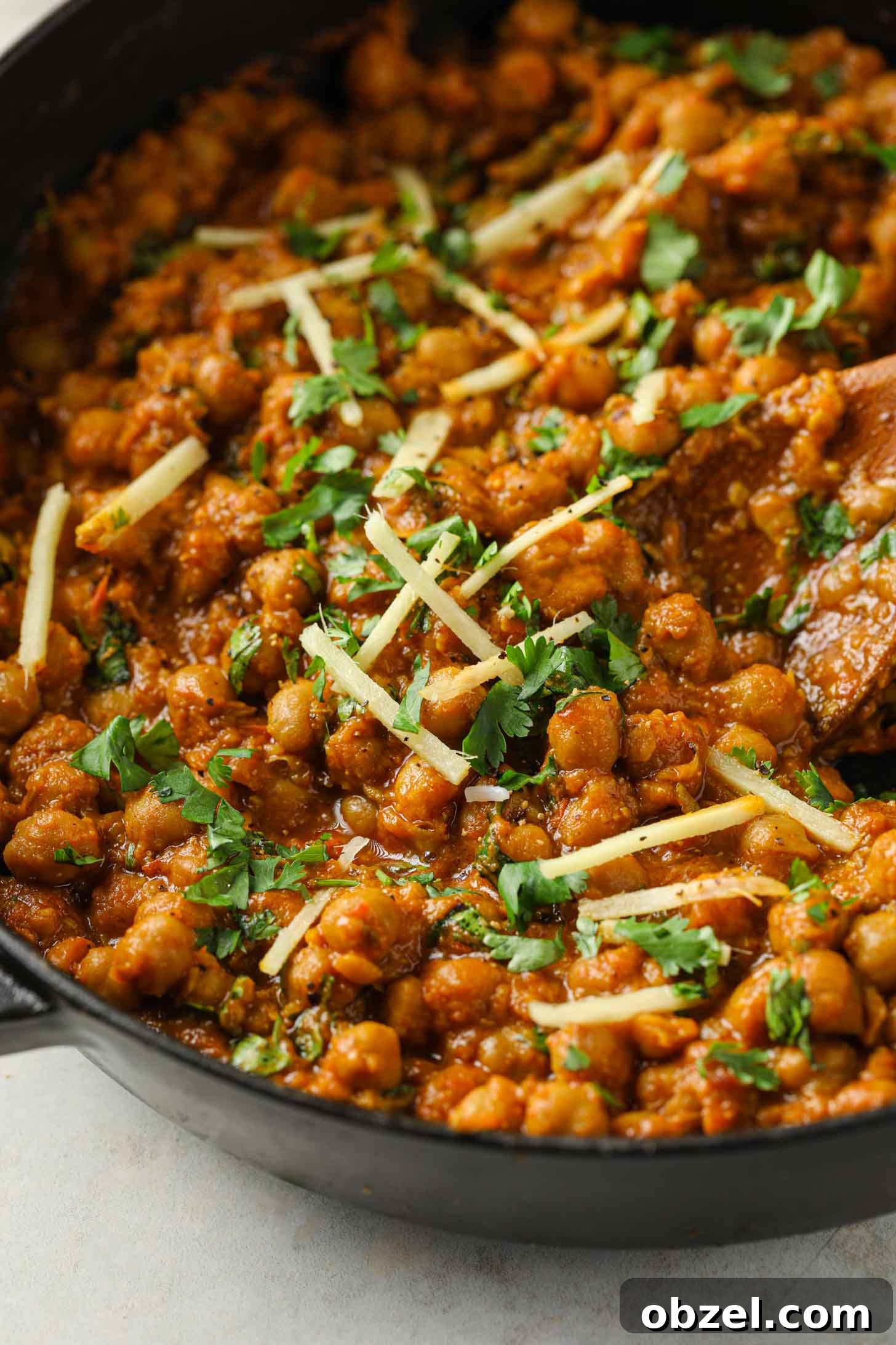 A closeup of Chickpea Curry in a black skillet