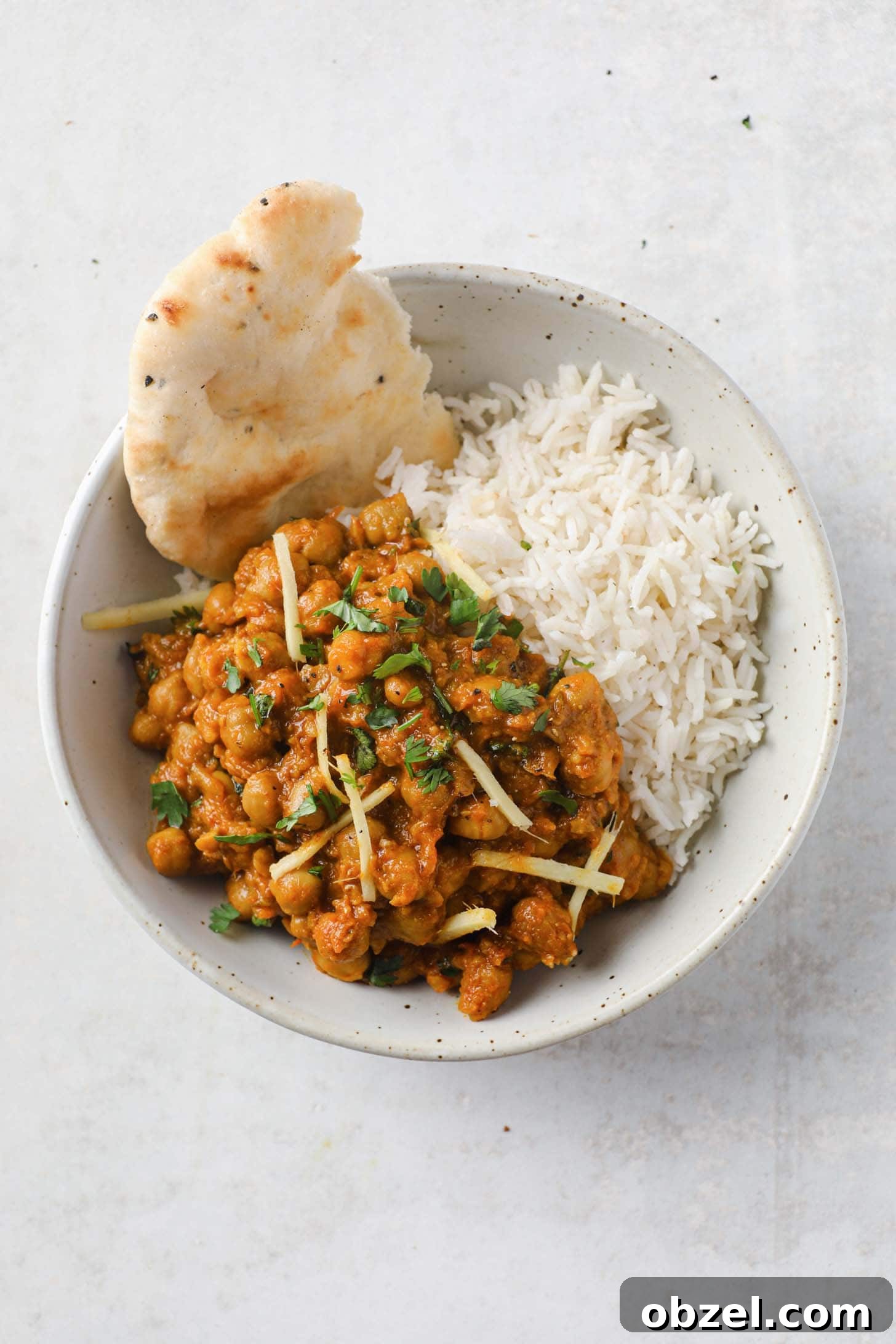 A speckled bowl with naan, white basmati rice, and chickpea curry