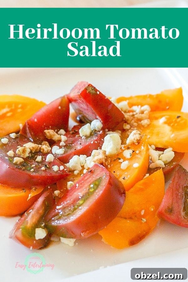 Heirloom Tomato Salad with Fresh Basil and Mozzarella 2 red and yellow heirloom tomatoes with feta cheese and balsamic vinaigrette and the text heirloom tomato salad