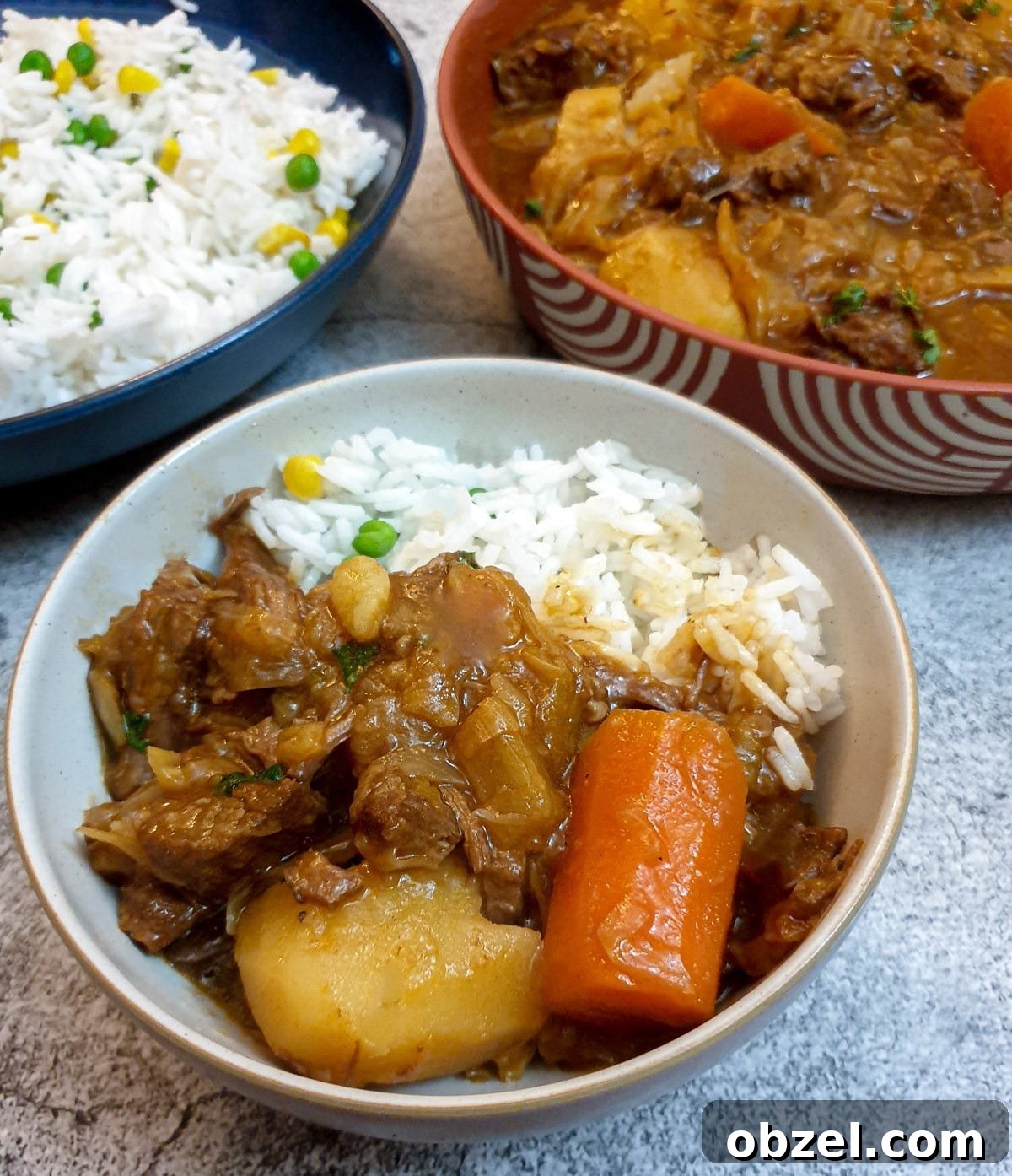 South African Beef Bredie Stew Recipe 2 A white bowl of beef bredie with rice and vegetables. In the background is a serving dish of stew and a dish of rice.
