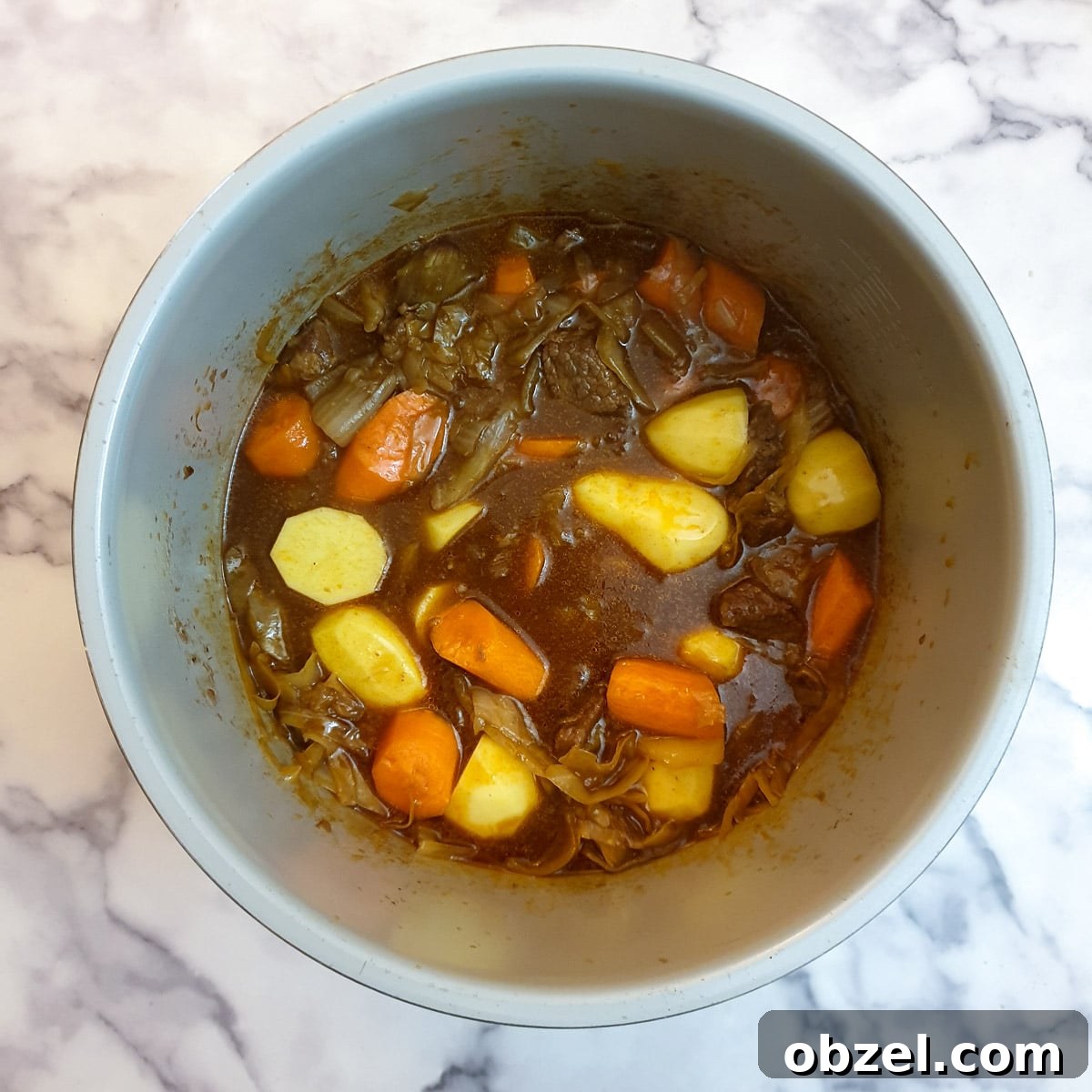 South African Beef Bredie Stew Recipe 12 A fully cooked beef bredie in a pressure cooker.