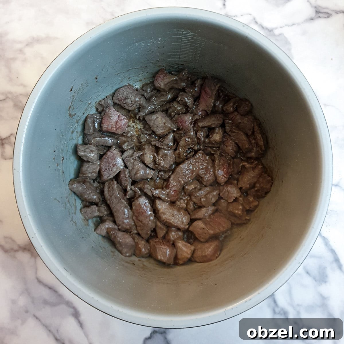 South African Beef Bredie Stew Recipe 6 Pieces of beef being browned in a pressure cooker.
