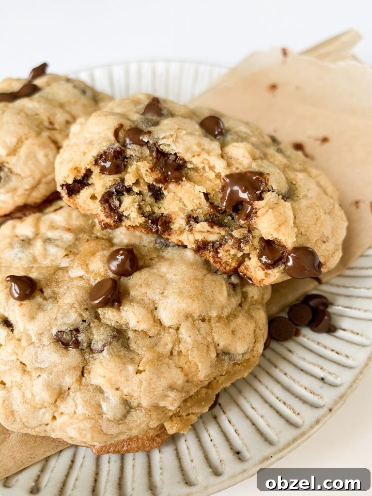 small plate of three cookies, one with a bite taken out and lots of melty chocolate chips