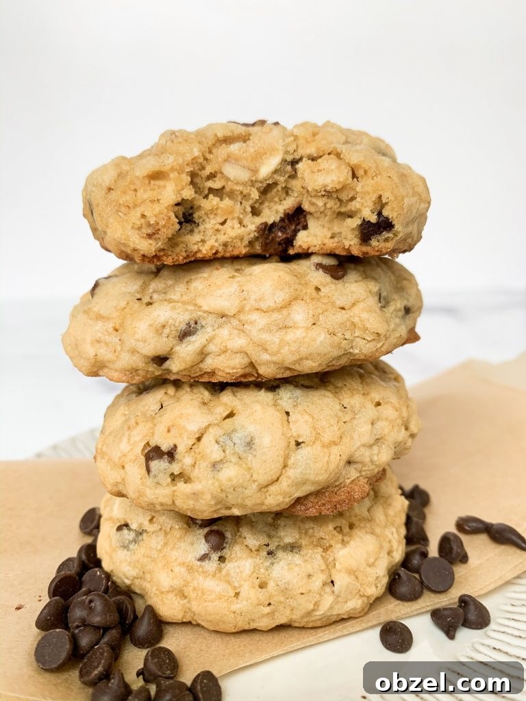 a stack of chocolate chip oatmeal cookies