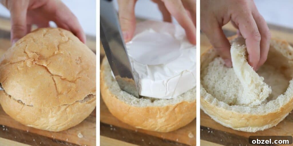 Baked Brie with Cranberry Sauce 3 Side by side photos showing the process for slicing a round of bread, using the brie cheese wheel as a guide, and pulling the extra bread out.