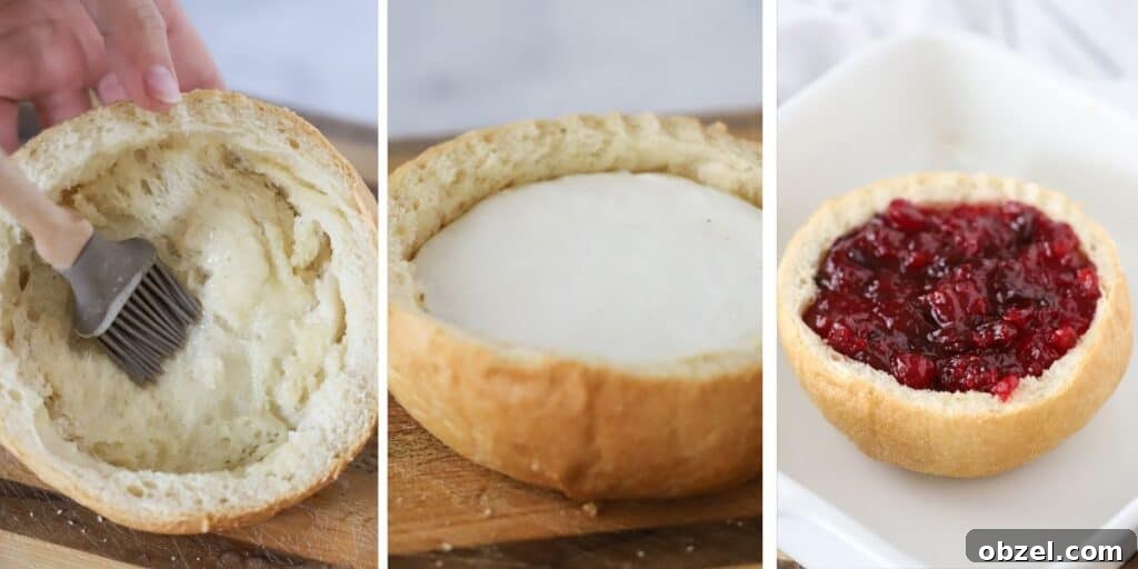 Baked Brie with Cranberry Sauce 4 Side by side photos showing the process for brushing the bread round with butter, adding the wheel of cheese, and topping with cranberry sauce.