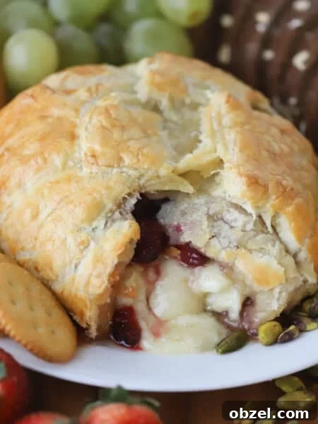 Baked Brie with Cranberry Sauce 8 Cranberry and Brie Puff Pastry on a plate with dippers.