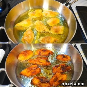 Crispy Fried Maduros (Sweet Plantains Recipe) 7 Plantains frying in oil.
