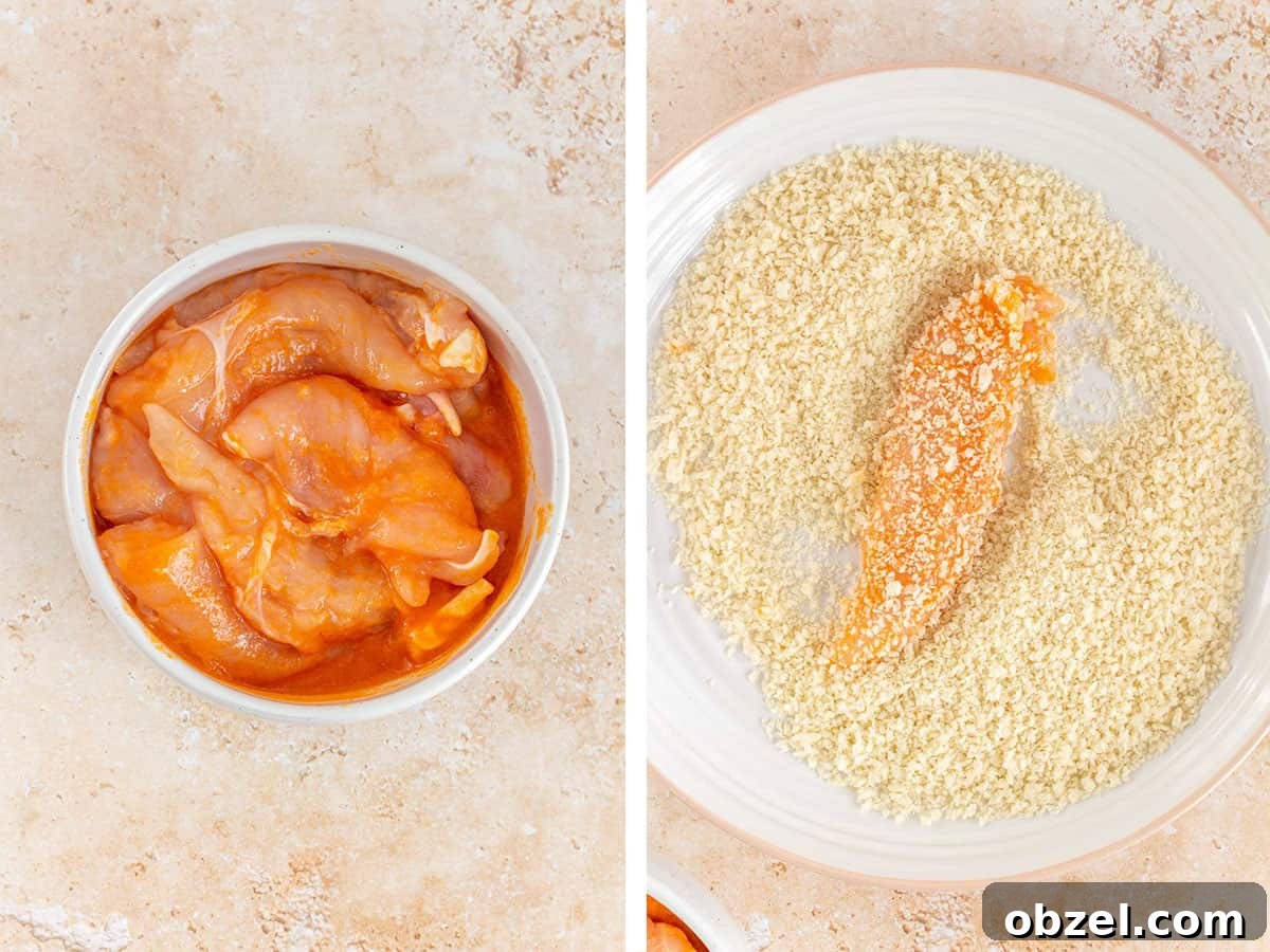 Crispy Air Fryer Buffalo Chicken Tenders 4 Set of two photos showing chicken tenders soaked in buffalo sauce and pressed into panko crumbs.