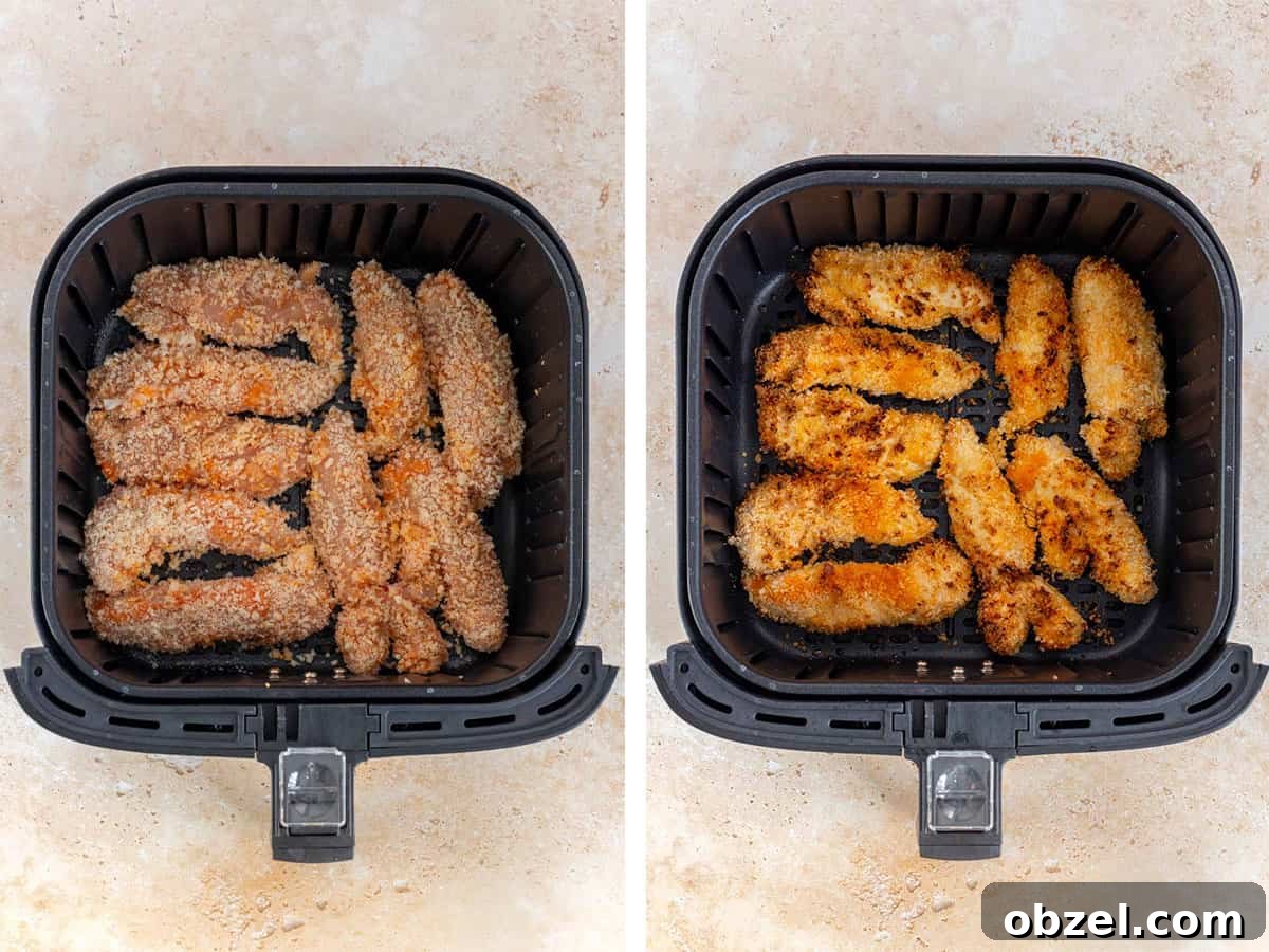 Crispy Air Fryer Buffalo Chicken Tenders 5 Set of two photos showing before and after the chicken tenders are air fried.