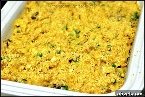 Mom's Tuna Noodle Casserole / The Grateful Girl Cooks! Mom's Tuna Noodle Casserole after baking. Ready to cut and serve!