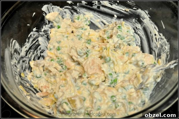 Mom's Tuna Noodle Casserole - The Grateful Girl Cooks! All ingredients except for noodles are mixed together for tuna noodle casserole.