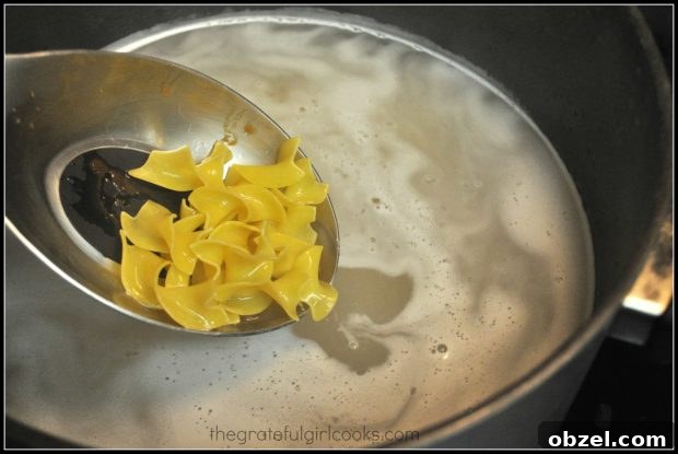 Mom's Tuna Noodle Casserole - The Grateful Girl Cooks! Egg noodles for tuna noodle casserole are cooked for 7 minutes.