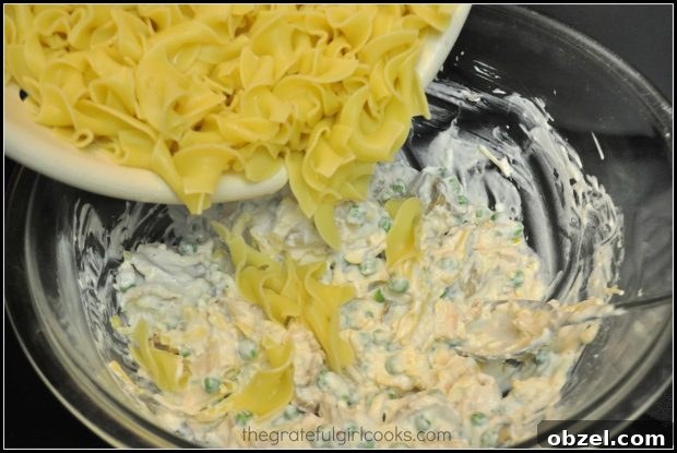 Mom's Tuna Noodle Casserole - The Grateful Girl Cooks! Cooked, drained pasta is added to tuna noodle casserole ingredients.