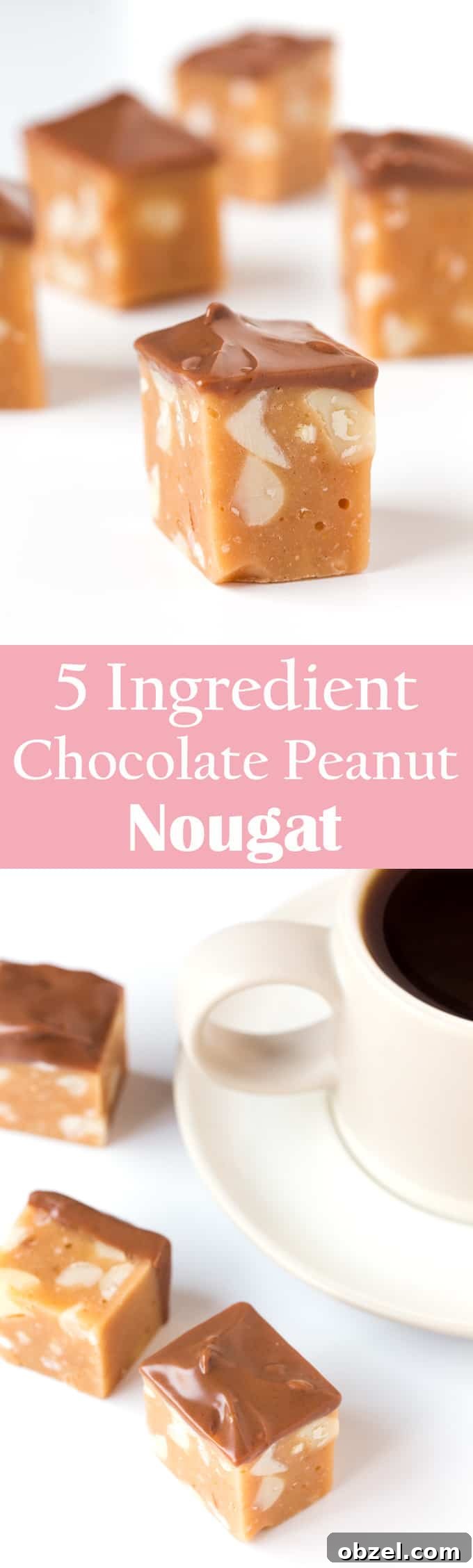 5 Ingredient Chocolate Peanut Nougat Recipe 8 5-Ingredient chocolate Peanut Nougat - no baking, whisking or thermometers needed. Just melt, mix, cool, cut and dip. Sweet, chewy and delicious!